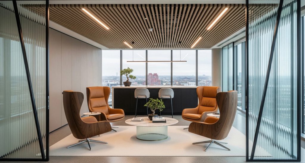 Modern office meeting area with brown leather chairs, round table, and large windows providing natural light.