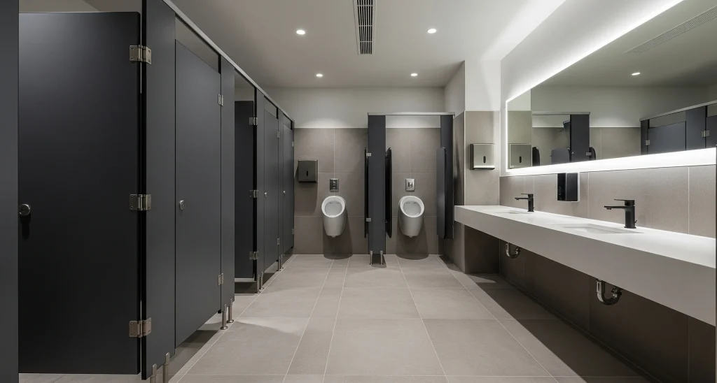 Spacious office washroom with sleek partitions, urinals, long vanity counter, and large illuminated mirror, designed for hygiene and functionality.
