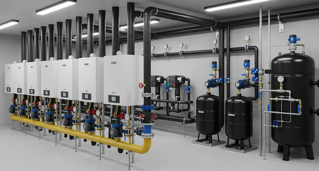 Overview of modern plumbing services for MEP systems, showing integrated pipework, pumps, and water management installations.