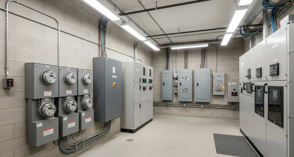 Electrical room with low-voltage power distribution panels and control equipment for safe energy management.