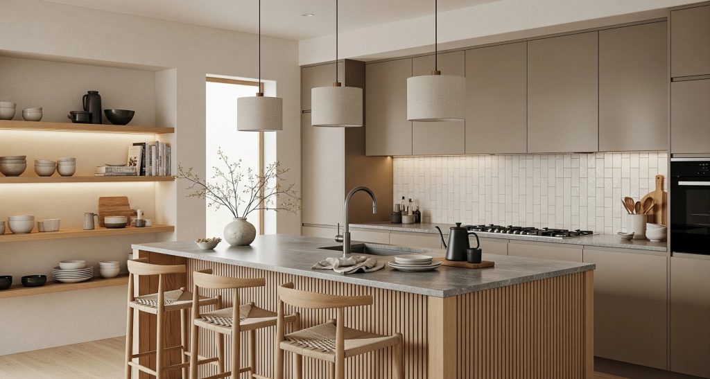 Modern bespoke kitchen with island, pendant lighting, and open shelving