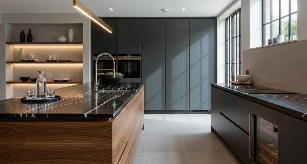 Contemporary kitchen with custom wood joinery, black marble island countertop, and integrated storage cabinets.