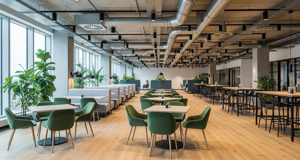 Modern office lounge with panoramic windows, leather chairs, and a small round table overlooking city views.