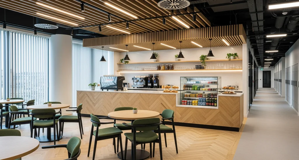 Contemporary office with wooden desk, shelves, and warm-toned interiors for project governance and oversight.