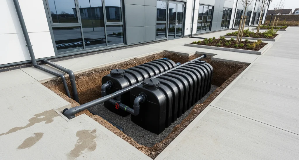 Underground rainwater harvesting and Sustainable Urban Drainage System (SUDS) tanks installed outside a commercial building.