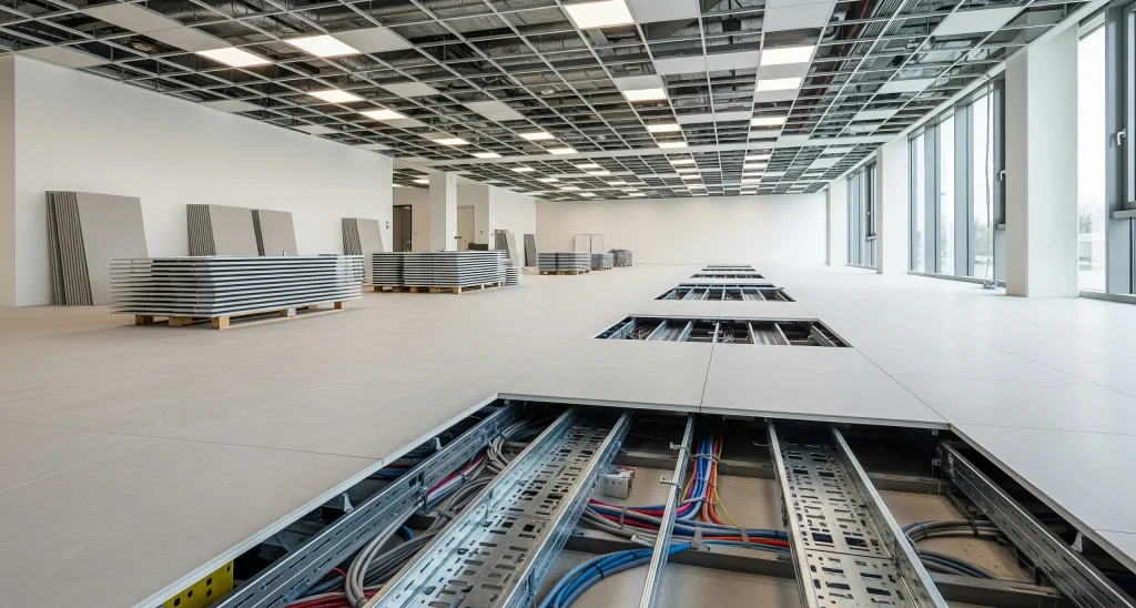 Raised access flooring with cable management and suspended ceiling installation in CAT A fit out.