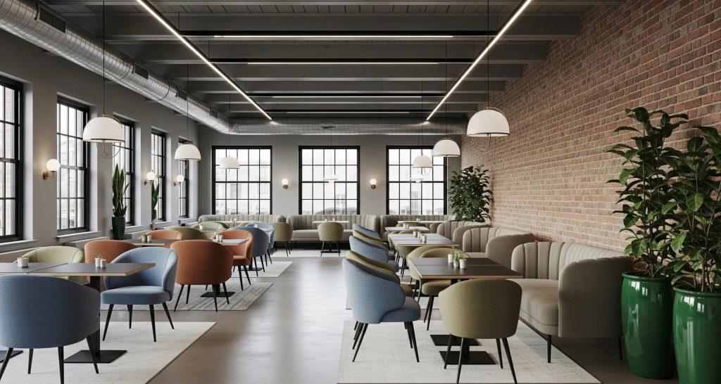 Commercial café with colorful chairs, exposed brick wall, and pendant lighting