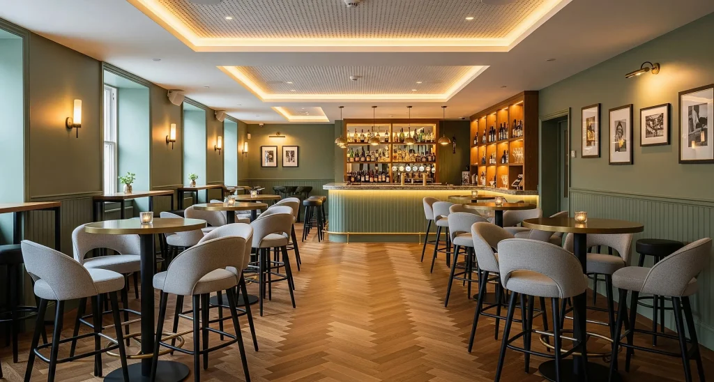 Elegant restaurant and bar interior with soft lighting, modern bar counter, high tables with upholstered chairs, and warm wooden flooring.