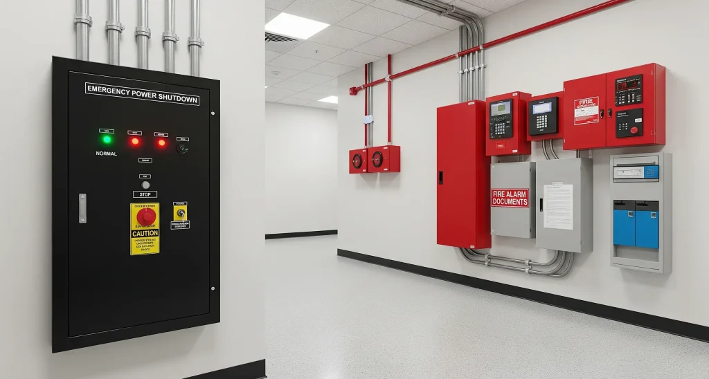 Fire safety control room with emergency shutdown panel, alarm systems, and wall-mounted fire suppression equipment.
