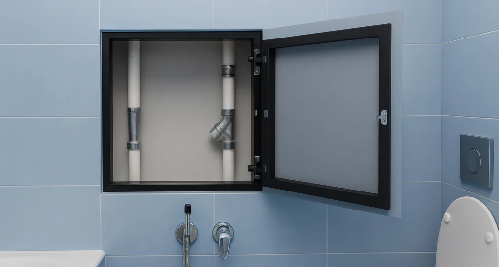 Bathroom service access panel with concealed fasteners, designed for plumbing and maintenance without compromising aesthetics.