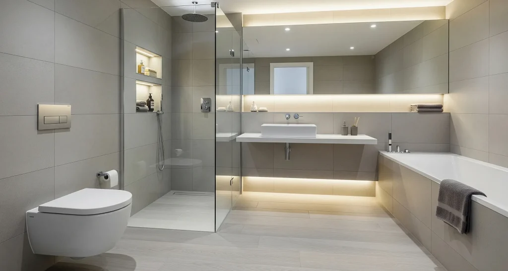 Contemporary kitchen with island, pendant lights, and integrated appliances, illustrating systems and service installation.