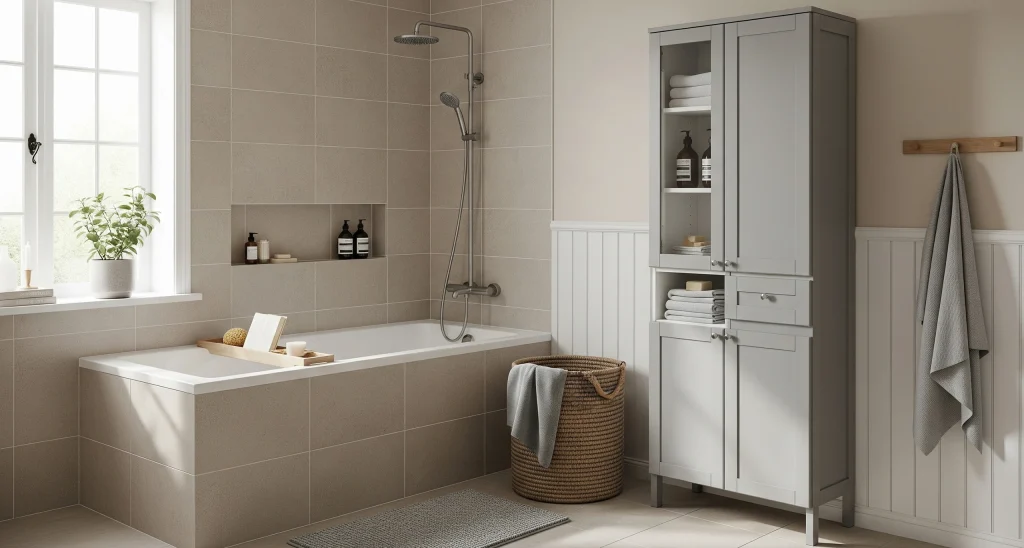 Tall bathroom storage cabinet with shelving for towels and toiletries, crafted in bespoke joinery with clean modern lines.