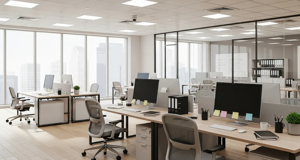 Spacious office cafeteria with green chairs, wooden flooring, and exposed ceiling ducts.