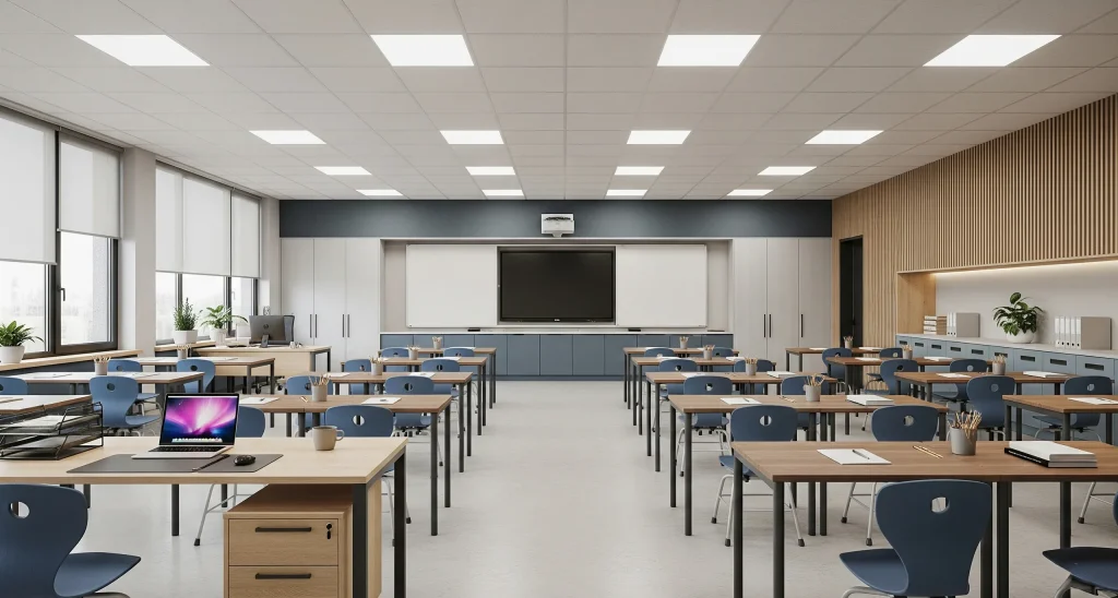 CAT B fit out with advanced technology integration including AV systems, screens, and Wi-Fi connectivity.