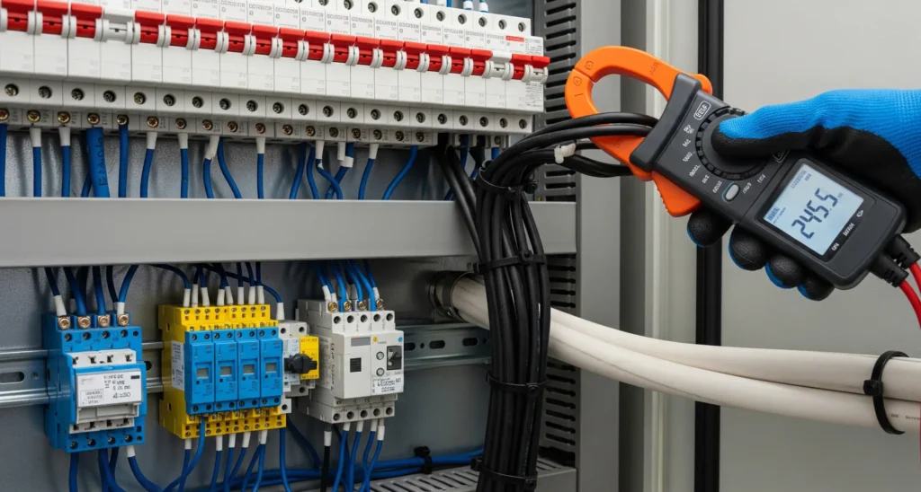 Electrician performing EICR testing with a digital clamp meter on electrical control panel wiring, showcasing Treem Build’s inspection, testing, and certification services for safe and compliant installations.
