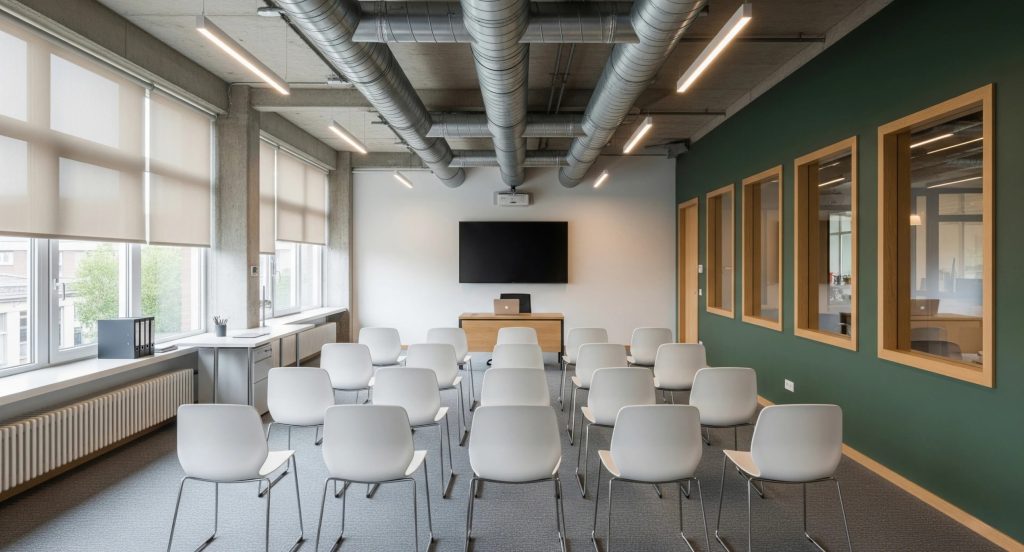 Modern training room with white chairs, green accent wall, exposed ductwork, and wall-mounted screen for presentations