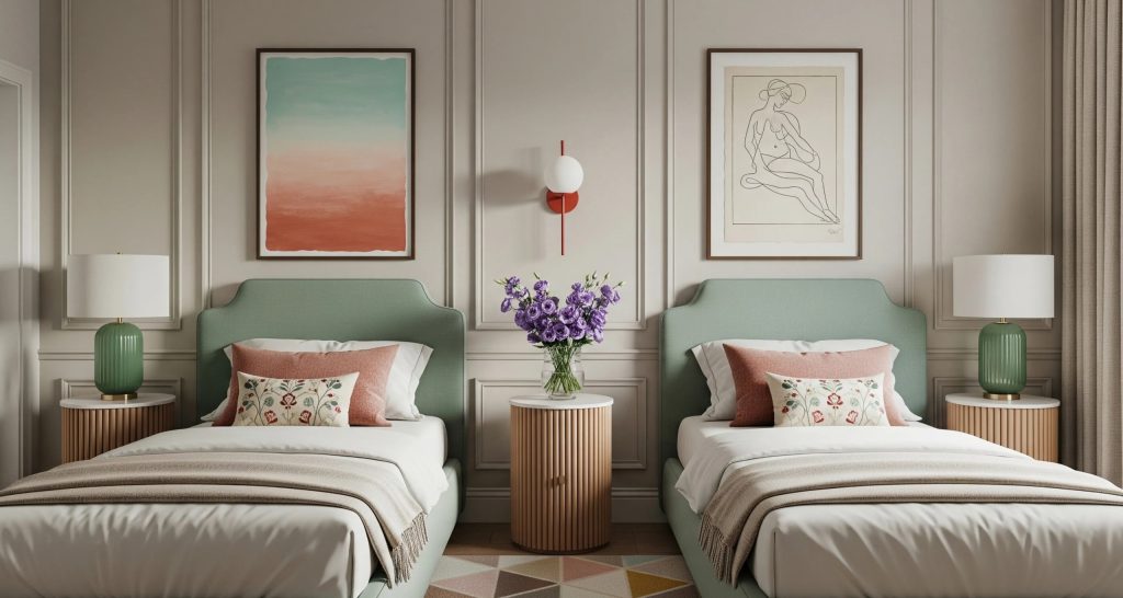 Commercial guest room with twin beds, modern wall art, and soft lighting