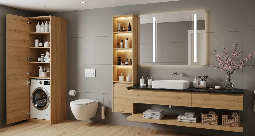 Custom vanity unit with floating under-sink storage in modern bathroom joinery, featuring wood drawers and integrated basin.