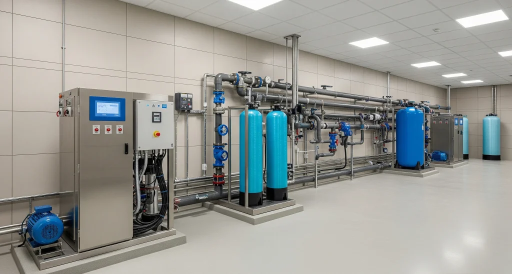 Water supply system room with blue storage tanks, filtration units, pumps, and automated control panels.