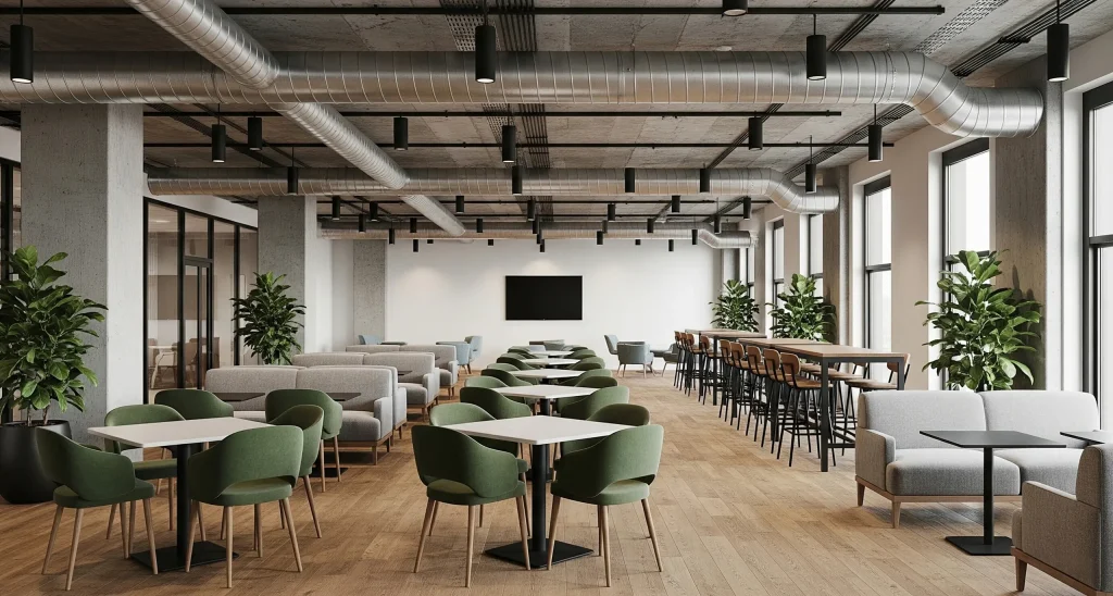 Modern office lounge area with stylish chairs, large windows, and a city view, designed for workspace and retail planning.