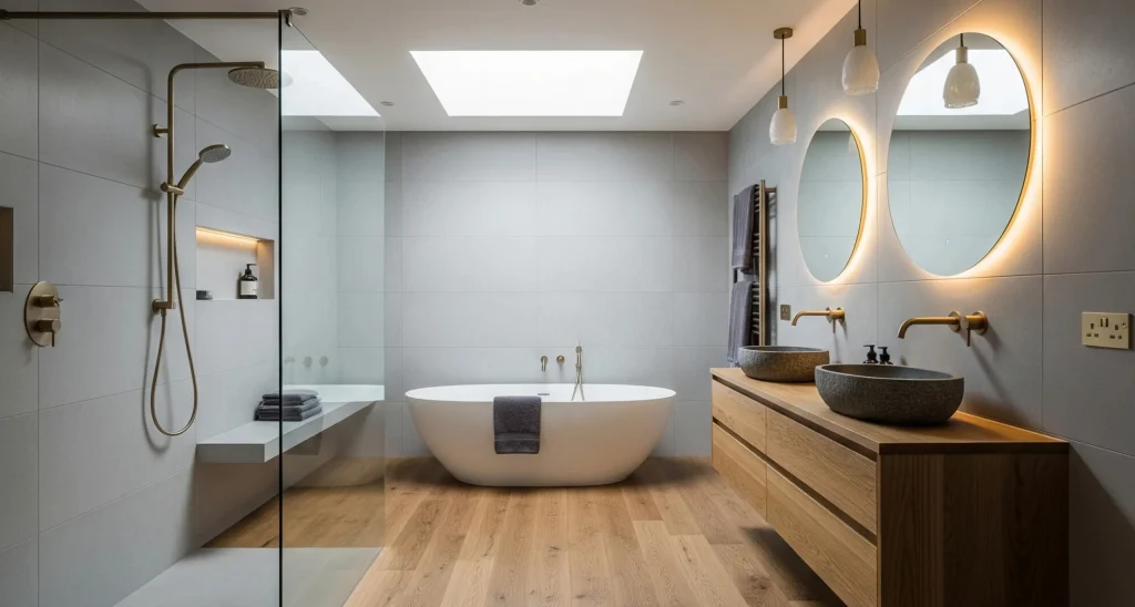 Luxury bathroom worktops with stone surface finish, integrated basins, and precision joinery for a sleek modern interior.