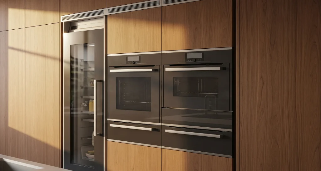 Seamless built-in oven and refrigerator integration with precision kitchen joinery.