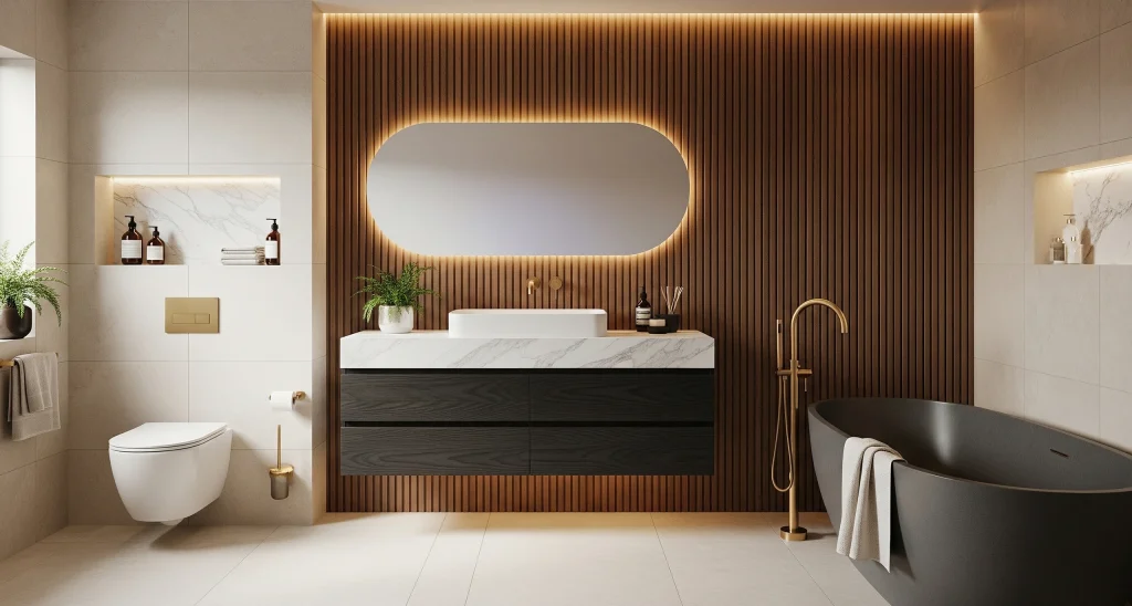 Bespoke bathroom joinery with floating vanity, marble countertop, feature wall panelling and freestanding bathtub by Treem Build