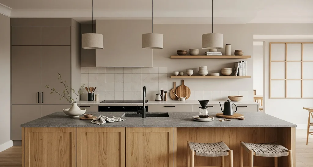 Bespoke kitchen joinery with warm wood cabinetry, grey stone countertop, and minimalist pendant lighting for a functional modern kitchen.