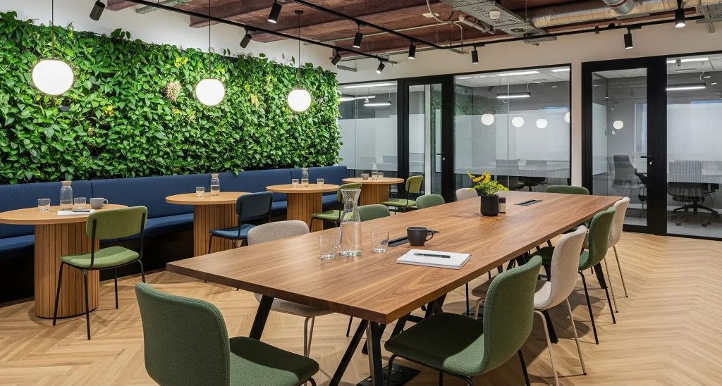 Contemporary collaborative office workspace with ergonomic seating, greenery, and flexible layouts for medium to large businesses.