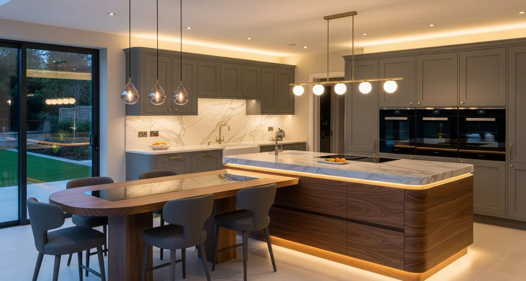Bespoke kitchen island with counter seating, open shelving and decorative joinery details.