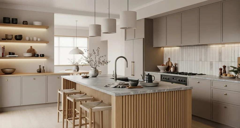 Premium kitchen joinery with colour-matched panels, natural wood finishes, and modern design.