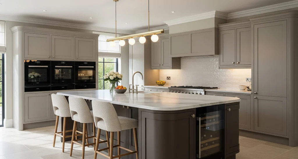 Kitchen joinery with integrated task, ambient and pendant lighting, and concealed power sockets.