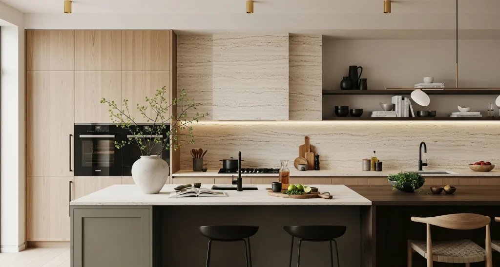 Luxury bespoke kitchen joinery with travertine backsplash, built-in oven, and open shelving for a modern natural look.