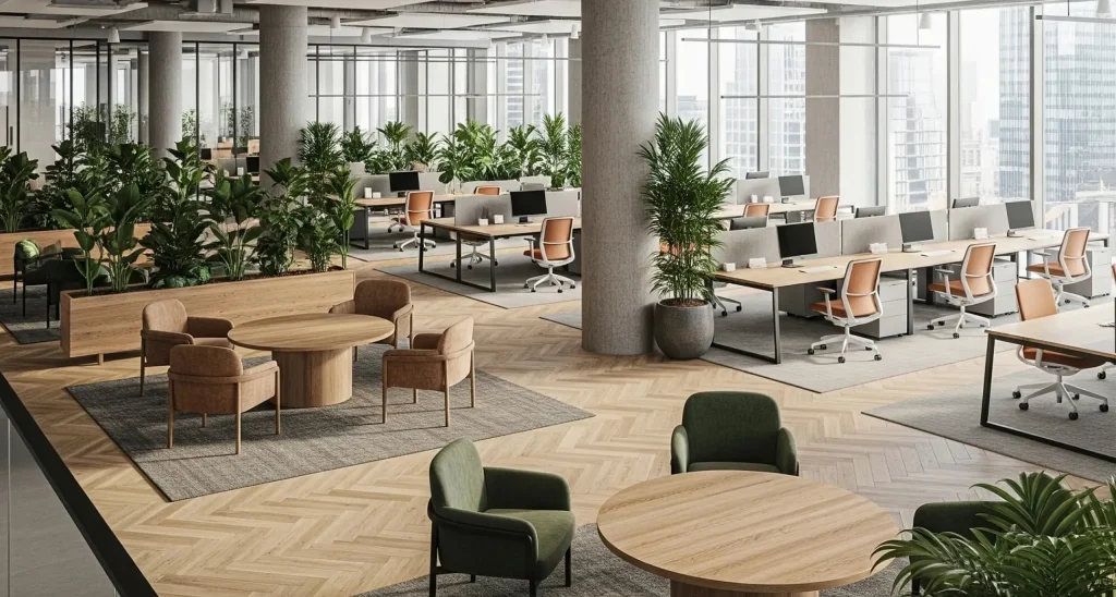 Modern office breakout workspace with open seating, wooden floors, and functional lounge chairs designed for team collaboration.