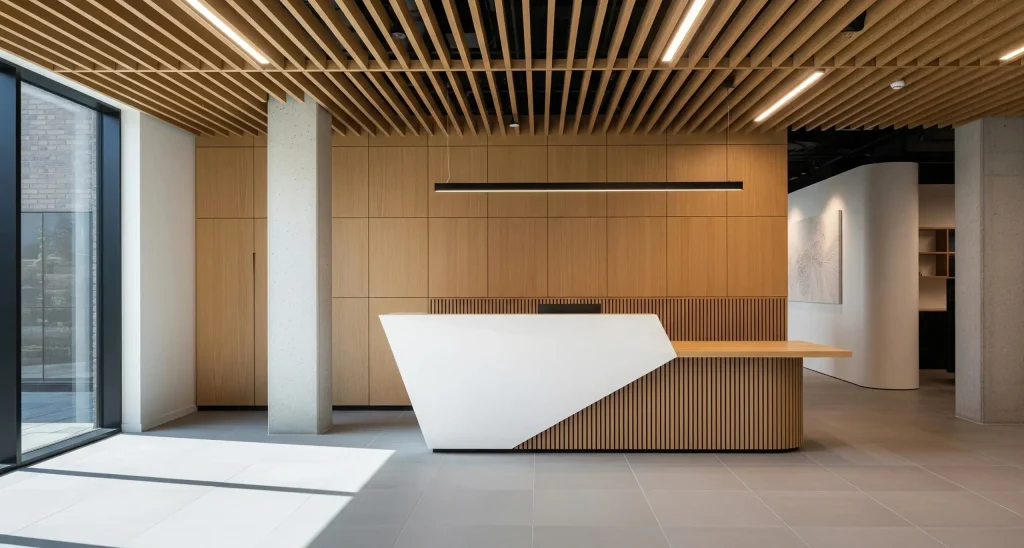 Modern office reception area with minimalist desk design, wood panel accents, and clean professional interiors.