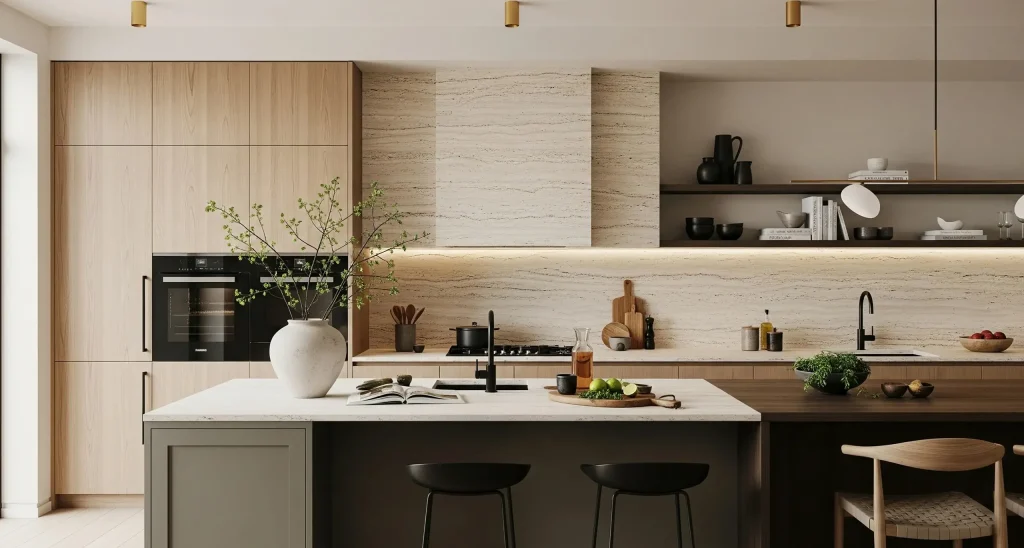 Modern residential kitchen with sleek cabinets, central island, and warm finishes combining style and everyday functionality.