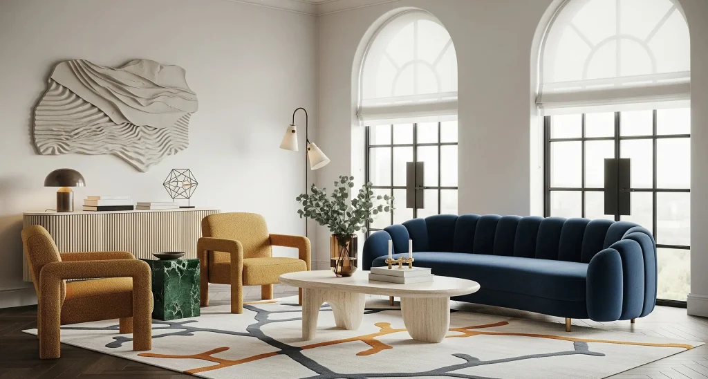 Stylish residential living room with contemporary furniture, bold artwork, and natural light for a welcoming home interior.