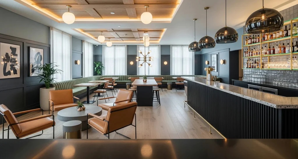 Contemporary restaurant and bar interior with stylish seating, warm lighting, and a welcoming design for hospitality spaces.