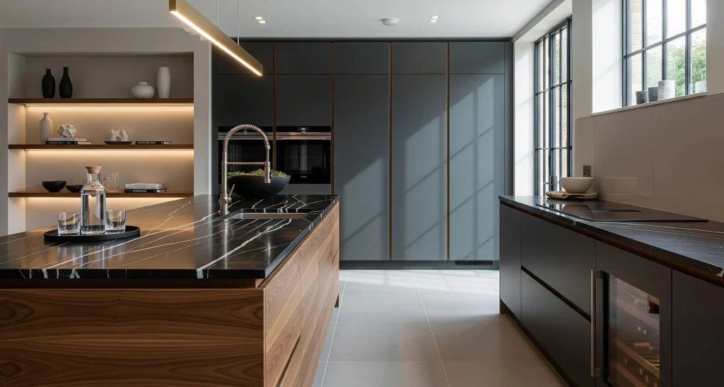 Luxury quartz and timber kitchen worktops with precision cut-outs and seamless edges.
